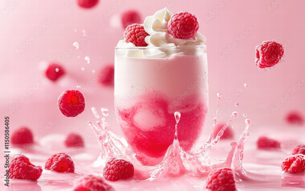 A raspberry milkshake floating mid-air with vibrant raspberries and a swirl of cream, on a pastel pink background A raspberry milkshake floating mid-air with vibrant raspberries and a swirl of cream, on a pastel pink background
