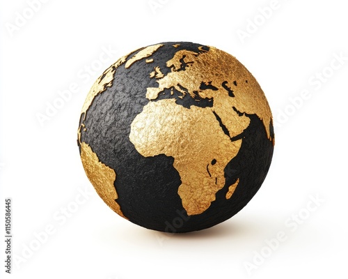 Golden Accent on a Black Globe. 3D Representation of Earth Featuring Africa on a White Background photo