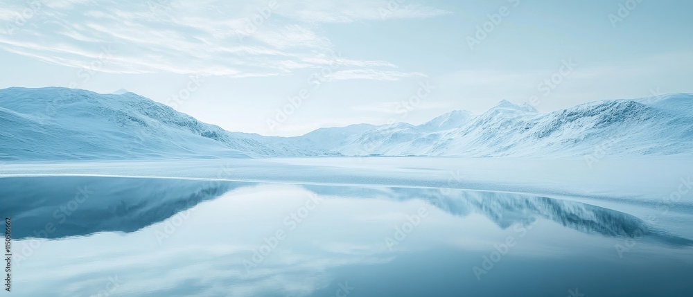 Majestic ice-capped mountains and floating icebergs reflect in calm blue waters at dawn in a serene arctic landscape Majestic ice-capped mountains and floating icebergs reflect in calm blue waters at dawn in a serene arctic landscape