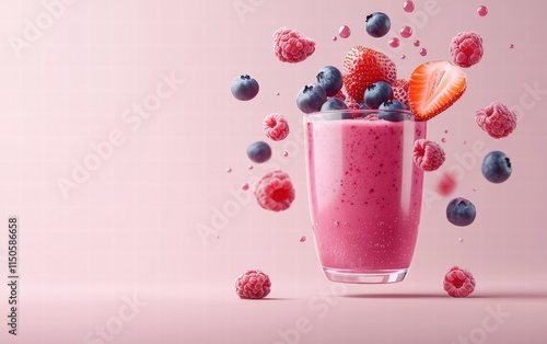 A berry smoothie glass floating mid-air with fresh blueberries, strawberries, and raspberries in motion, on a pastel pink background
