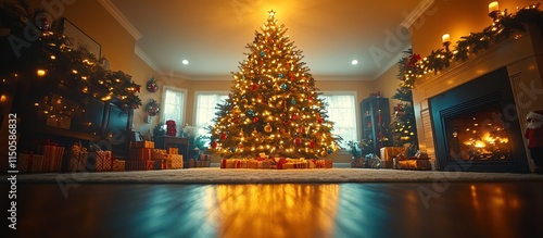 Wallpaper Mural Christmas tree in a cozy living room with fireplace and presents. Torontodigital.ca