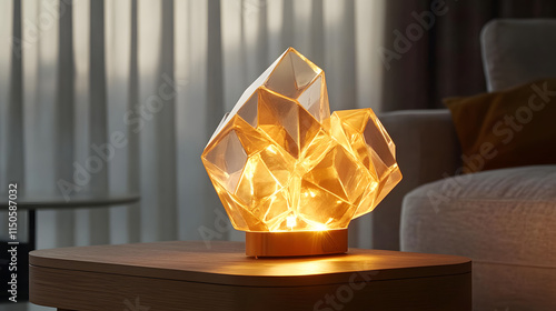 A unique table lamp shaped like a geometric crystal cluster with warm glowing light. photo