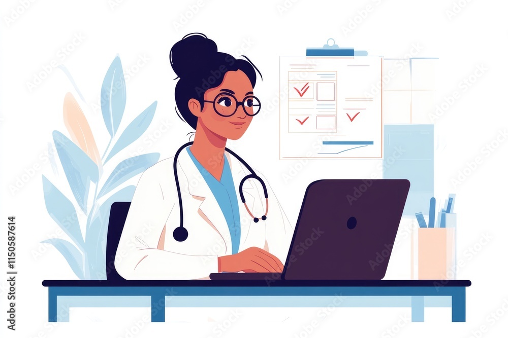 Healthcare Professional Ticking Answers on Laptop Survey in Modern Medical Environment Healthcare Professional Ticking Answers on Laptop Survey in Modern Medical Environment