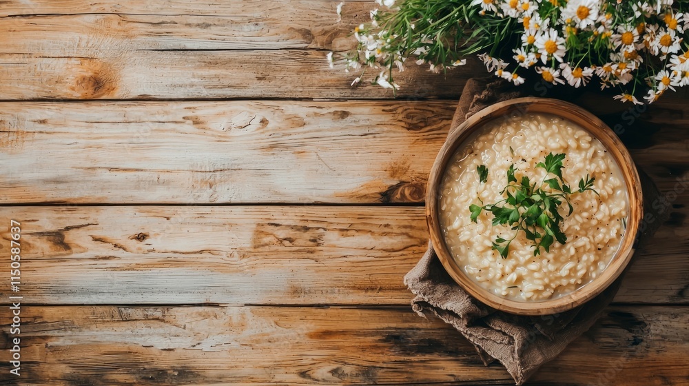 Rustic Wooden Table Setting with Lion's Mane Mushroom Risotto Garnished with Herbs - Comfort and Gourmet Cooking Concept Photo Rustic Wooden Table Setting with Lion's Mane Mushroom Risotto Garnished with Herbs - Comfort and Gourmet Cooking Concept Photo