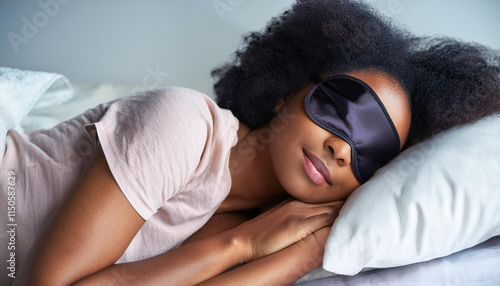 Peaceful woman wearing a black sleep mask resting on a soft pillow