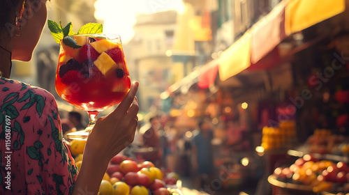 A vibrant composition of a woman holding a fruity sangria in a bustling marketplace. photo