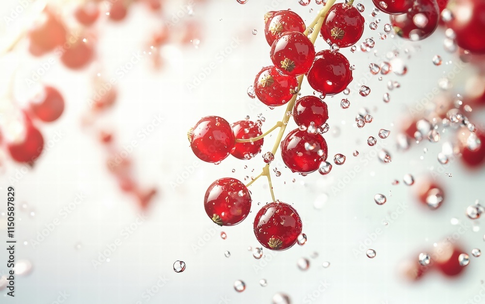 A cluster of red currants floating mid-air with glowing light reflections, on a clean white background A cluster of red currants floating mid-air with glowing light reflections, on a clean white background