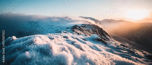 Majestic ice-capped mountains and floating icebergs reflect in calm blue waters at dawn in a serene arctic landscape