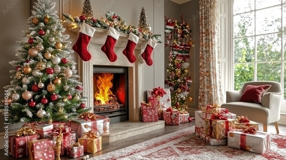 Festive Christmas Living Room with Decorated Tree, Fireplace, and Presents Festive Christmas Living Room with Decorated Tree, Fireplace, and Presents