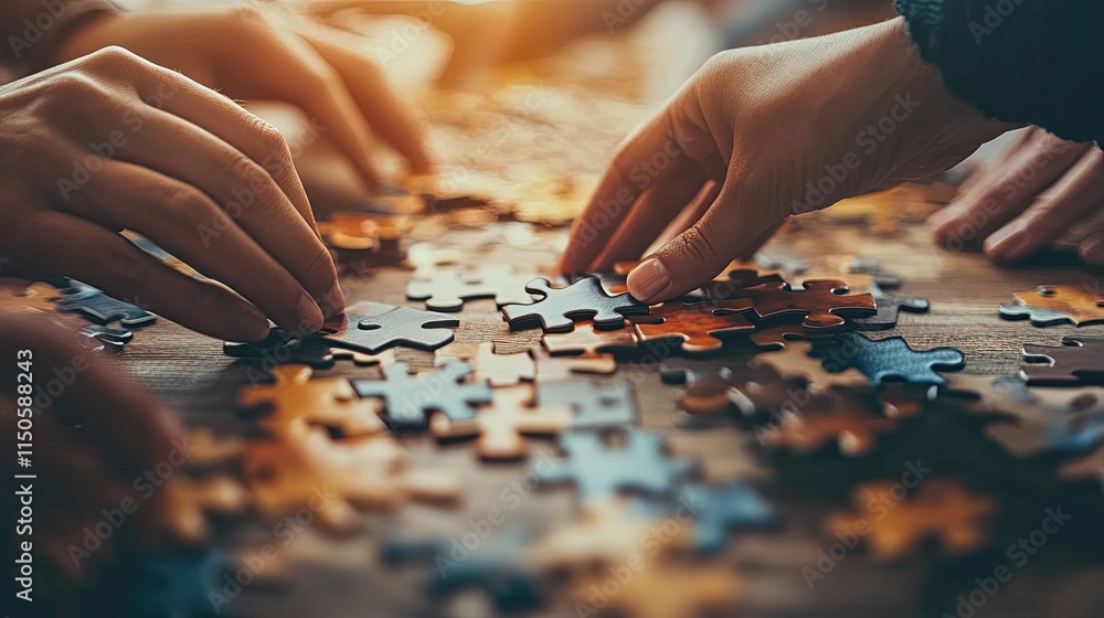 Close-up of diverse hands assembling colorful jigsaw puzzle pieces on a wooden table, symbolizing teamwork and collaboration. Close-up of diverse hands assembling colorful jigsaw puzzle pieces on a wooden table, symbolizing teamwork and collaboration.