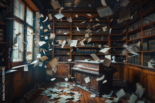 A room full of books with pages flying everywhere