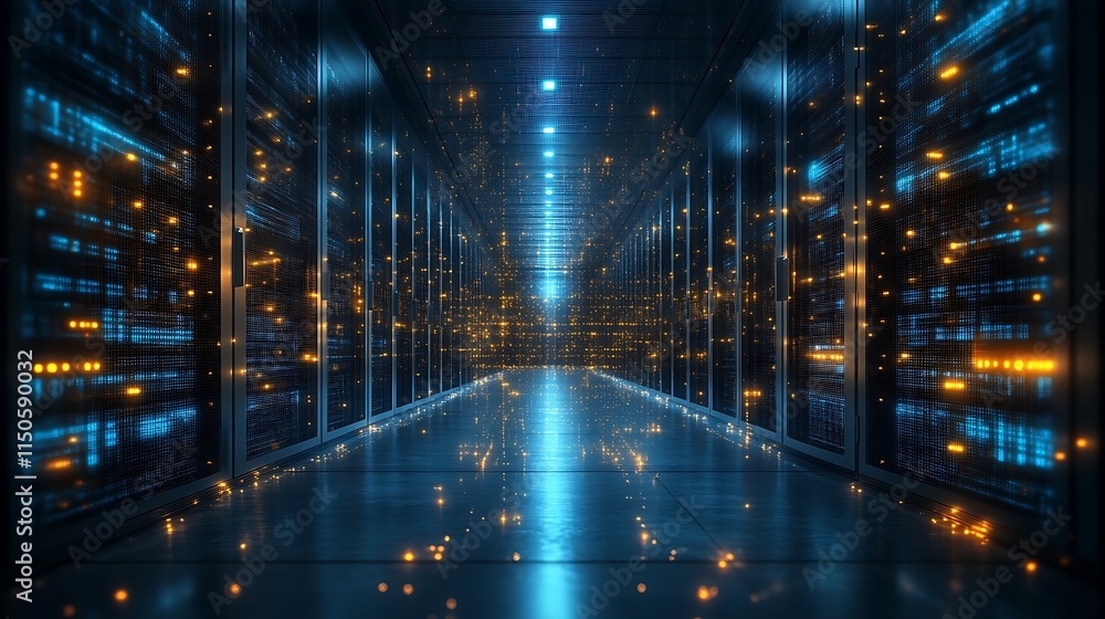 Illuminated Server Room Corridor Showing Digital Data Flow Illuminated Server Room Corridor Showing Digital Data Flow