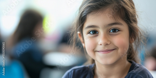 Happy young girl smiling in a bright classroom setting