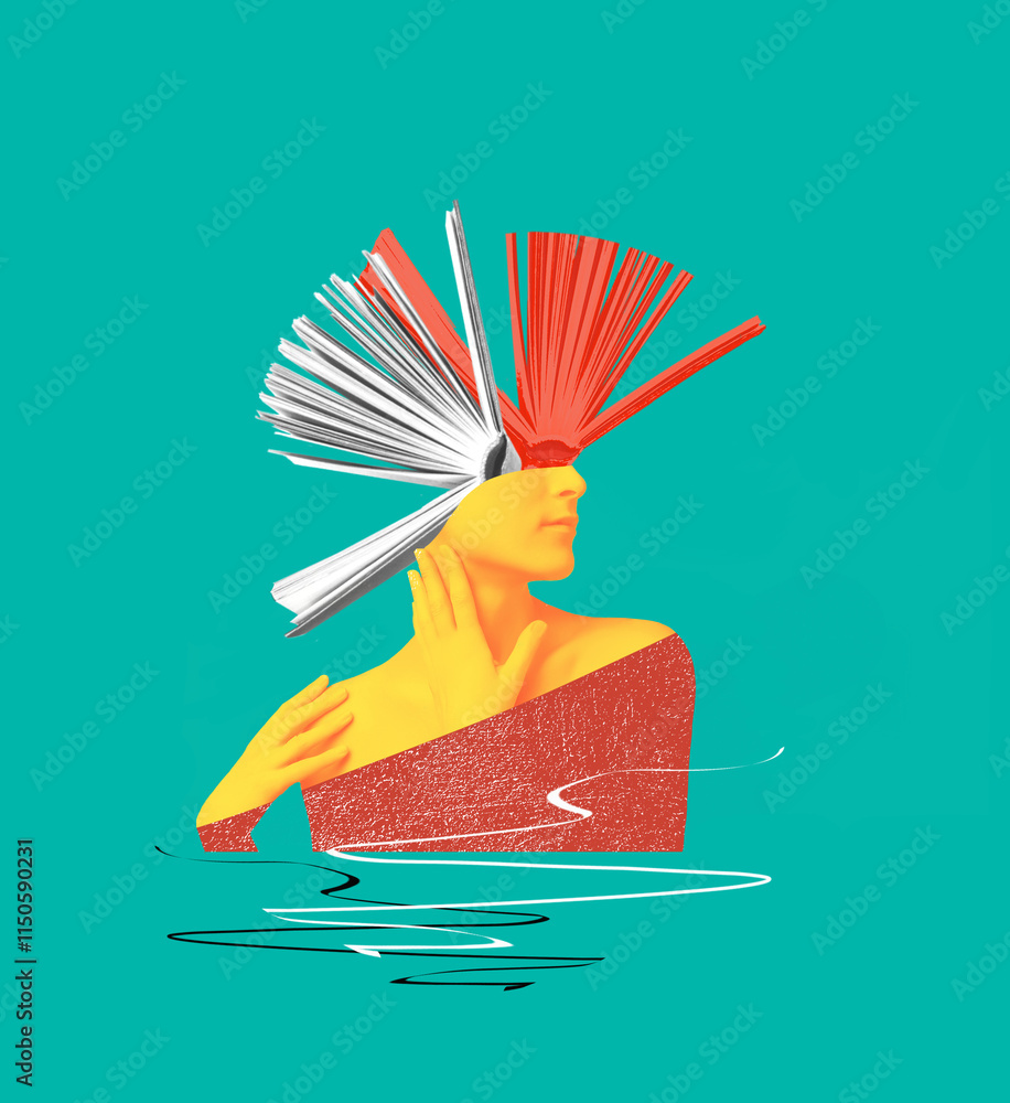 Head with books as a metaphor for education. Art collage or design. Creative idea symbol. Mental Health, thinking, psychology, education, intellectual development concept