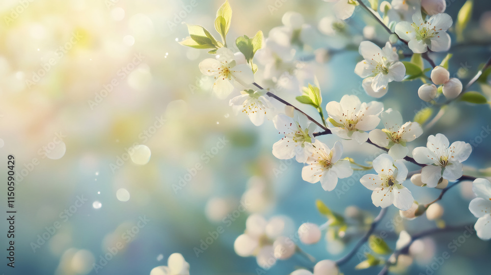 Dreamy and peaceful atmosphere created by white flowers blooming on a branch with a blurred background and sunlight shining through Dreamy and peaceful atmosphere created by white flowers blooming on a branch with a blurred background and sunlight shining through