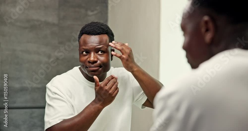 Skincare, man and check pimples in mirror for acne treatment results, grooming routine and healthy skin. Dermatology, black person and face inspection for self care, wellness or blackhead maintenance photo