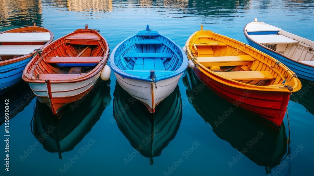 Obraz premium Colorful Rowboats on a Serene Lake
