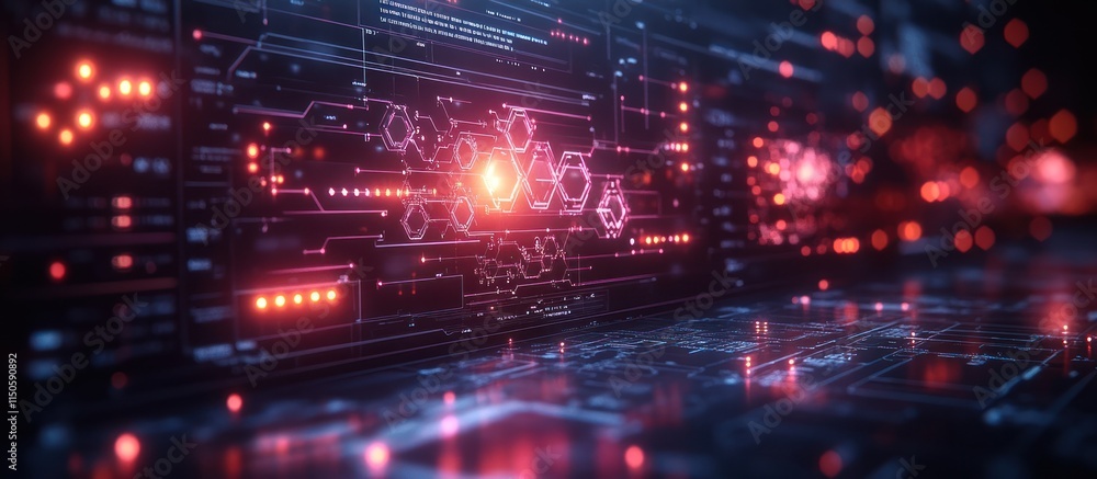 Futuristic technological interface with glowing hexagons and data streams. Futuristic technological interface with glowing hexagons and data streams.