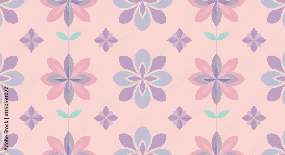 Delicate floral pastel pattern with repeating abstract geometric flower design. Light purple, light pink, and light blue hues with leaves. Delicate floral pastel pattern with repeating abstract geometric flower design. Light purple, light pink, and light blue hues with leaves.