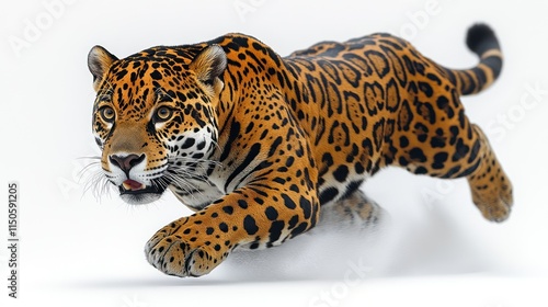 A jaguar in mid-leap, showcasing its powerful muscles and spotted coat against a clean white background. photo