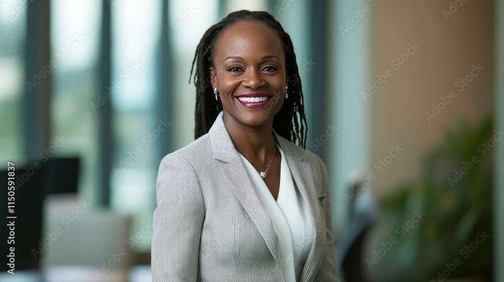 Professional businesswoman smiling confidently while standing in a sleek corporate office, embodying leadership and success. Professional businesswoman smiling confidently while standing in a sleek corporate office, embodying leadership and success.