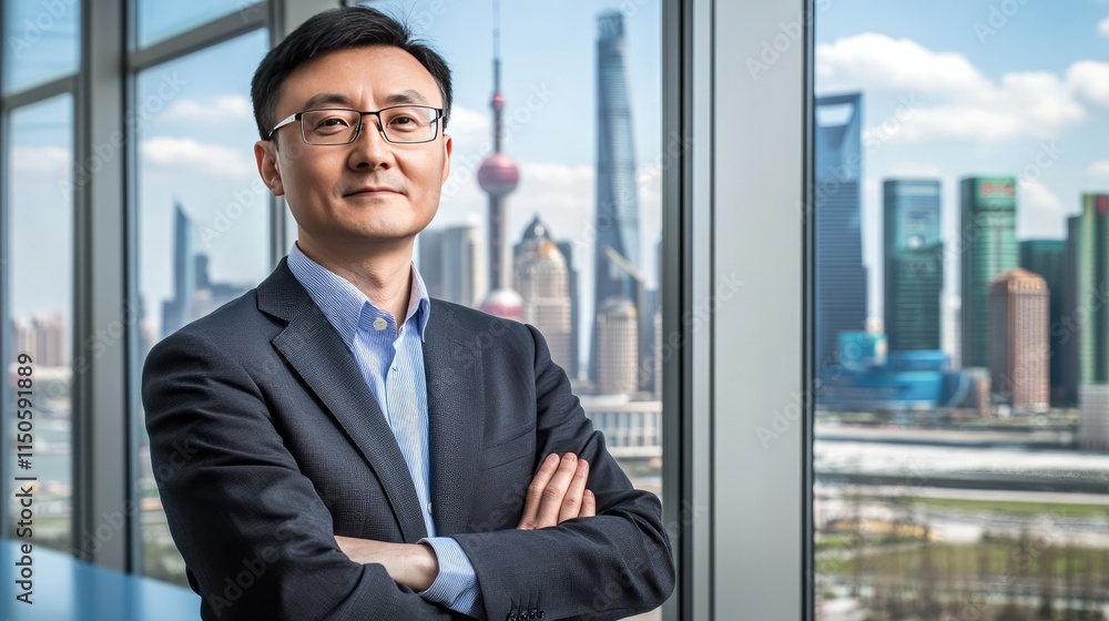 Professional Chinese entrepreneur standing in a bright office, arms crossed, city skyline visible through glass windows. Professional Chinese entrepreneur standing in a bright office, arms crossed, city skyline visible through glass windows.