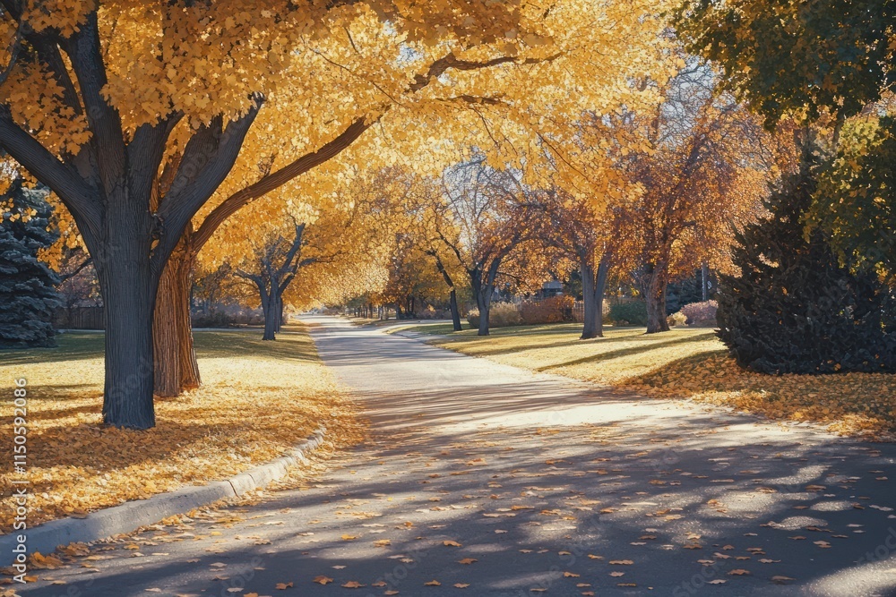 Naklejka premium Golden leaves line a sunlit autumn street