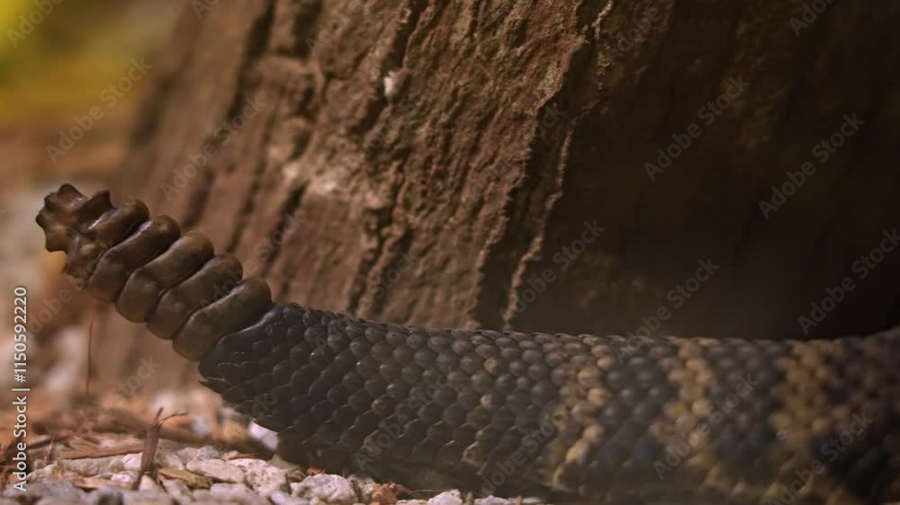 Aggressive Rattling Rattlesnake tale rattle shows while slithering extreme macro close up ...