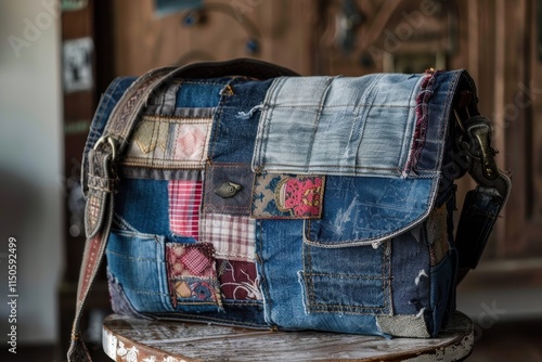 Stylish patchwork denim bag with leather strap resting on a wooden surface in a relaxed outdoor setting during daylight photo