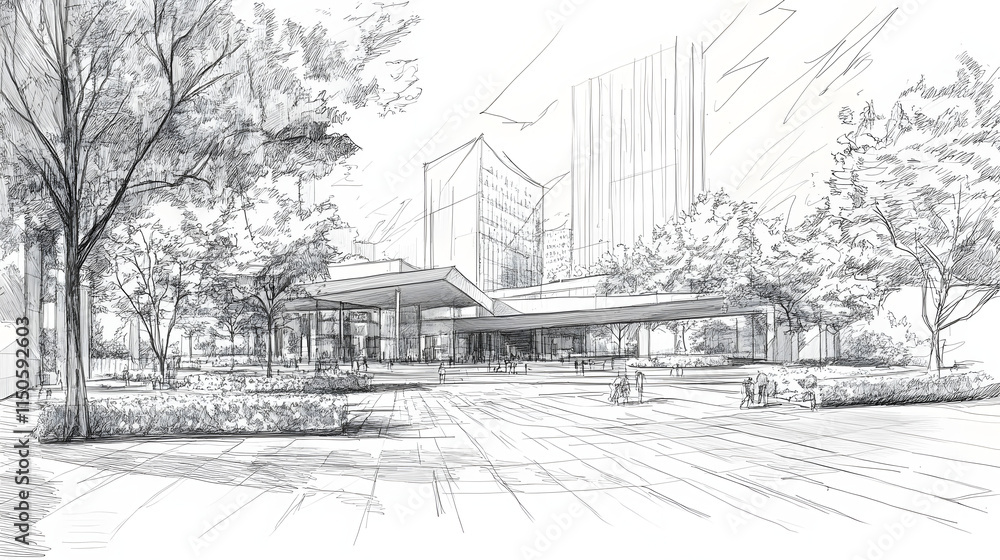 Fototapeta premium A hand-rendered sketch of a futuristic urban plaza envisioned by a master architect.