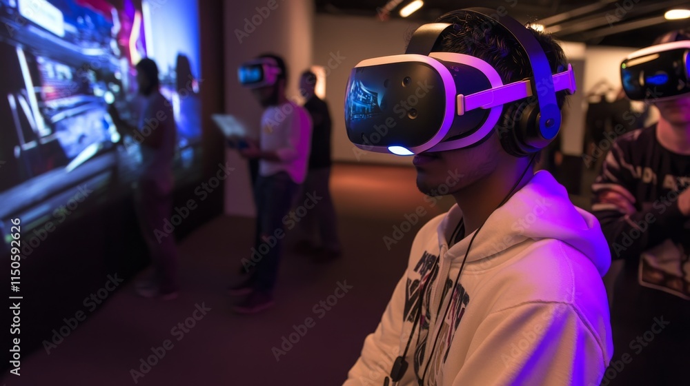 Young man wearing VR goggles. Metaverse technology virtual reality concept. Virtual Reality Device, Simulation, 3D, AR, VR, Innovation and Technology of the Future on Social Media. Young man wearing VR goggles. Metaverse technology virtual reality concept. Virtual Reality Device, Simulation, 3D, AR, VR, Innovation and Technology of the Future on Social Media.