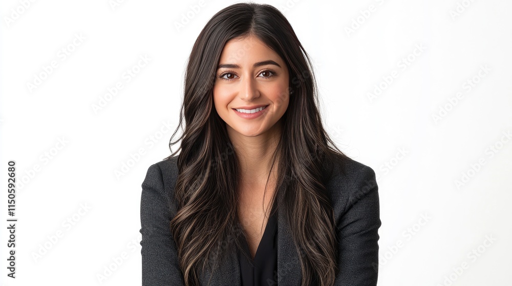 Stylish young businesswoman gesturing and smiling confidently at the camera, creating a positive and approachable image on a white background. Stylish young businesswoman gesturing and smiling confidently at the camera, creating a positive and approachable image on a white background.