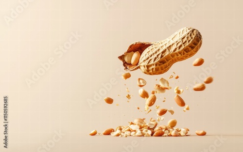 Wallpaper Mural A peanut with its shell peeling mid-air, showing the bright kernels, on a neutral beige background Torontodigital.ca