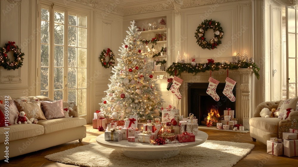 Elegant Christmas Living Room with Decorated Tree and Fireplace Elegant Christmas Living Room with Decorated Tree and Fireplace