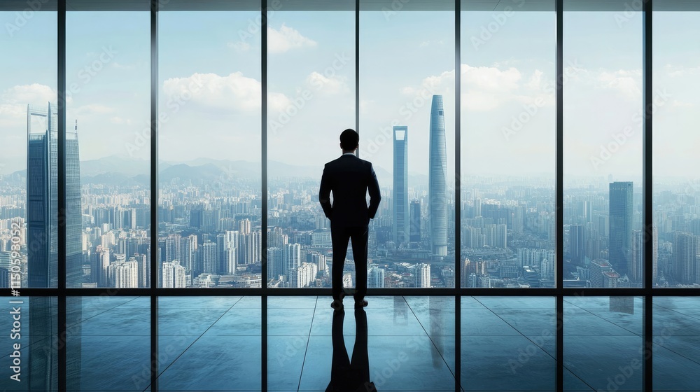 Young Chinese businessman in a sleek urban office, gazing confidently at the camera with the cityscape as a backdrop. Young Chinese businessman in a sleek urban office, gazing confidently at the camera with the cityscape as a backdrop.