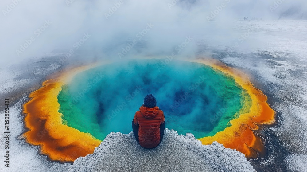 Obraz premium Person sits on a rock overlooking a vibrant colorful hot spring.