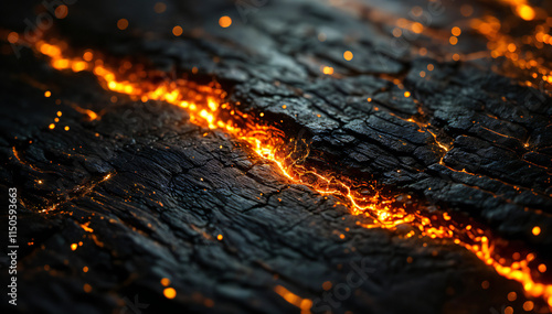 Glowing molten lava flowing through a dark, cracked surface.