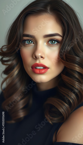 Wallpaper Mural Beautiful brunette model with volume curls, classic makeup and sexy lips. The beauty of the face. Portrait shot in the studio, close-up, with white tones Torontodigital.ca