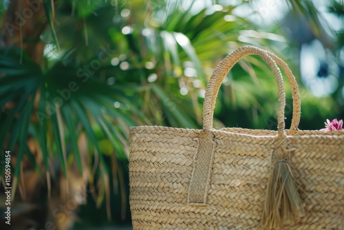 Woven straw bag with leather handles, perfect for summer outings and beach trips, showcasing a natural and stylish design