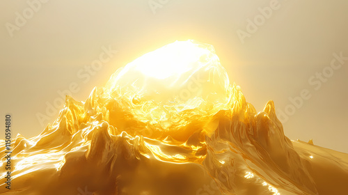 A glob of golden slime sitting on a white background surrounded by a halo of light, illuminated, hallowed, warm, glowing. Hallowed. Illustration