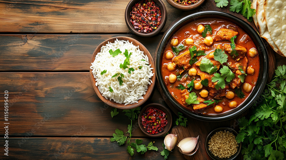 High-angle view of chickpea curry with basmati rice, garnished with herbs, rustic and comforting vibe High-angle view of chickpea curry with basmati rice, garnished with herbs, rustic and comforting vibe