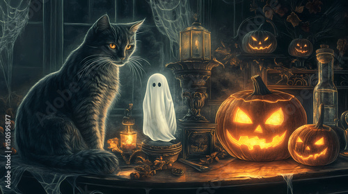 All hallows eve, still life painting with a cat, a ghost and a pumpkin, black themed, haunting. Hallowed. Illustration photo