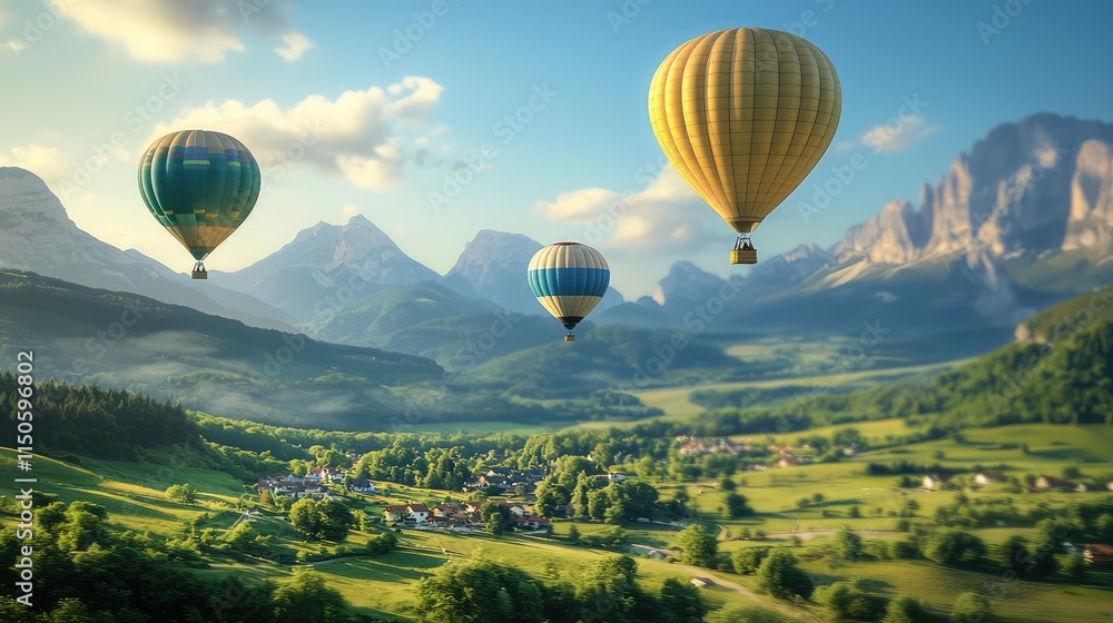 Fototapeta premium Hot air balloons soaring over a picturesque mountain landscape