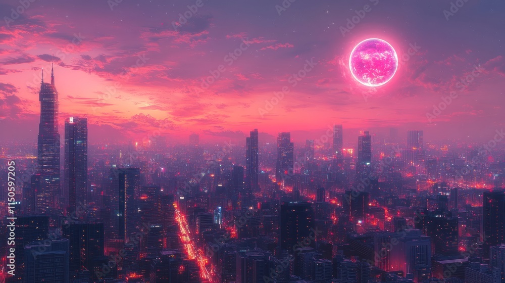 Fototapeta premium A vibrant cityscape at sunset with a large, glowing moon illuminating the skyline.
