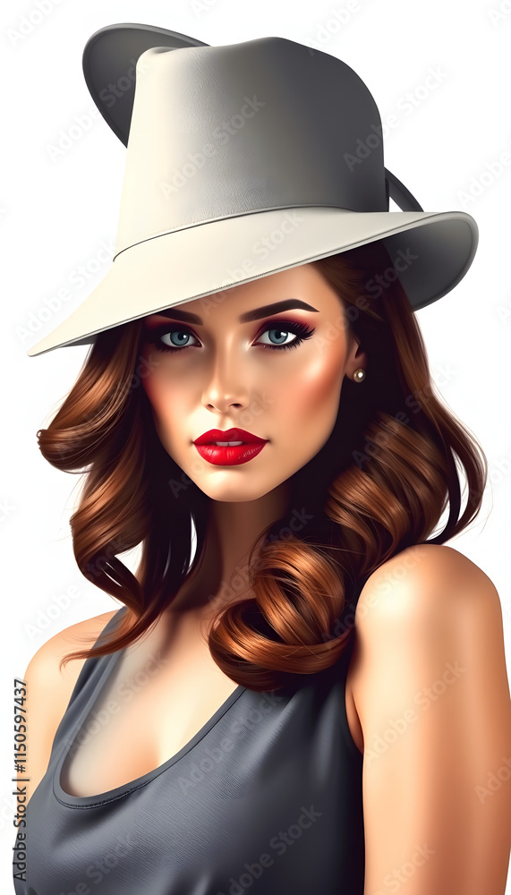 Brunette model wearing a modern, fashionable hat - isolated, pop art, with white tones Brunette model wearing a modern, fashionable hat - isolated, pop art, with white tones