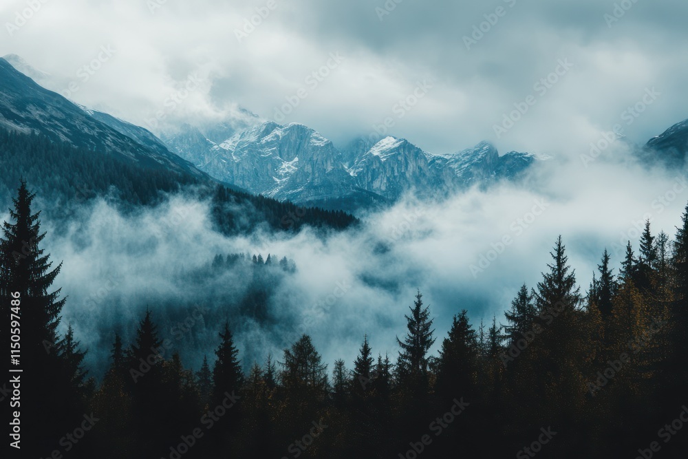 Misty Mountains Enveloped by a Cloudy Sky and Forest Misty Mountains Enveloped by a Cloudy Sky and Forest