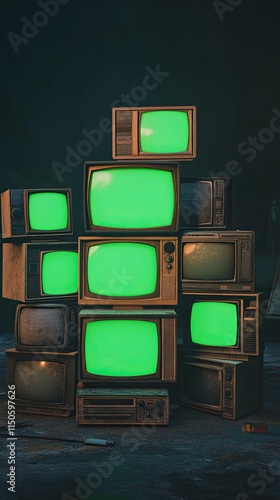 stacks of old televisions with green screen, american backgrounds at background, 3d minimal style with cinematic lighting at night