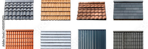 Various roof types isolated on transparent background. Includes shingles, tiles, metal, plastic, fiberglass, and flat roofs in PNG collection
