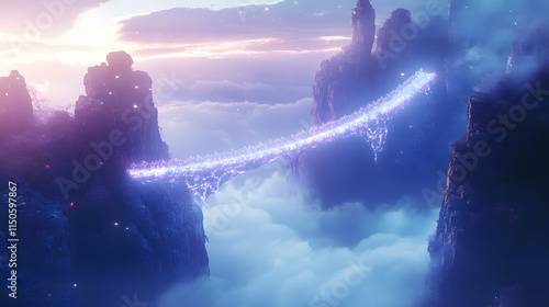 A floating bridge made of light connecting two surreal cliff faces above glowing mists. photo