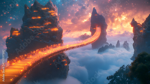 A floating bridge made of light connecting two surreal cliff faces above glowing mists. photo